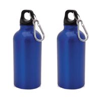 2x Stuks aluminium waterfles/drinkfles blauw met schroefdop en karabijnhaak 400 ml - thumbnail