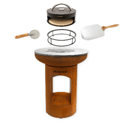 Pakketdeal BonFeu BonBiza open corten + pizzaoven + standaard + pizzaschep + pizzasnijder Pakketdeal BonFeu BonBiza open corten + pizzaoven + standaard + pizzaschep + pizzasnijder