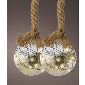 Verlichte kerstballen - 2x st -glas- aan touw - D20 cm - 40 leds -warm wit