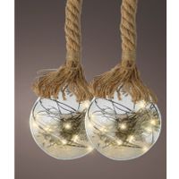 Verlichte kerstballen - 2x st -glas- aan touw - D20 cm - 40 leds -warm wit