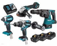 Makita DLX4104TJ1 Combiset - DHP486 Accu Klopboormachine + DGA513 Haakse Slijper + DHR243Z boorhamer + DTD153 slagschroevendraaier | 18v 5.0Ah Li-ion