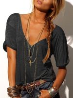 Casual Solid Color V Neck Short Sleeve Tee