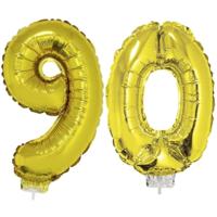 90 jaar leeftijd feestartikelen - versiering cijfers - ballonnen op stokje - van 41 cm - goud