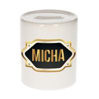 Spaarpot met voornaam Micha - wit - goud/zwart embleem - 8 x 9 cm - keramiek - afsluitdop