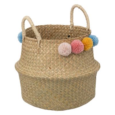 Speelgoed Opbergmand - Pompoms - met handgreep - riet - opvouwbaar - 33 x 28 x 33 cm