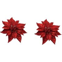 2x Kerstboomversiering bloem op clip rode kerstster 18 cm - thumbnail
