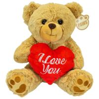 Valentijn I Love You knuffel beertje - zachte pluche - rood hartje - cadeau - 26 cm - lichtbruin - thumbnail