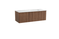 Balmani Forma zwevend badmeubel 135 x 55 cm amerikaans notenhout met Tablo Arcato asymmetrisch rechtse wastafel in solid surface mat wit, Verticale asymmetrische ronde ribbel