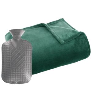 Fleece deken/plaid groen 125 x 150 cm en een warmwater kruik 2 liter