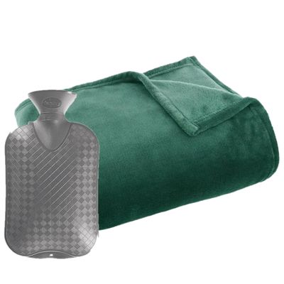 Fleece deken/plaid groen 125 x 150 cm en een warmwater kruik 2 liter