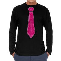 Verkleed shirt voor heren - stropdas glitter roze - zwart - carnaval - foute party - longsleeve