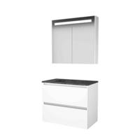Basic-Line Premium 46 Badkamermeubelset - 80 x 46 cm - Greeploos - 2 Lades - Hardstenen Wastafel - 1 Kraangat - Spiegelkast met LED Verlichting - Ice White