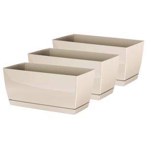 Plantenpot/bloempot met opvangschaal - 3x - kunststof - beige - 29 x 14 x 14 cm - binnen/buiten