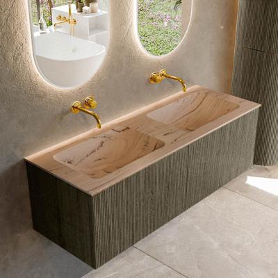 Badmeubel Mondiaz Kurve-Dlux | 130 cm | Meubelkleur Shadow | Wastafelkleur Arena | Solid surface | Wasbak beide zijden spoelbak | Zonder kraangat(en)