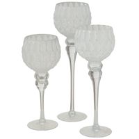 Luxe glazen design kaarsenhouders/windlichten set van 3x stuks zilver/wit 30-40 cm   - - thumbnail