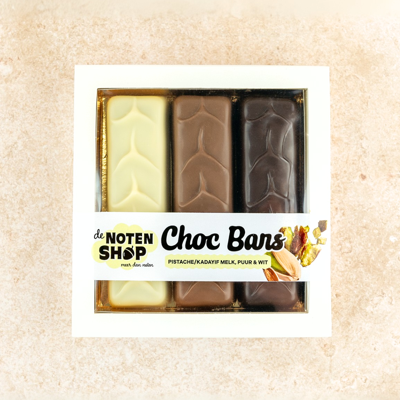 Choc bars pistache/kadayif - melk/puur/wit 3 stuks
