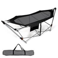 Inklapbare Hangmat met Frame en Zijzak Hangmatstandaard tot 150 kg Belastbaar Draagbaar Inclusief Draagtas voor Binnen Buiten (Zwart)