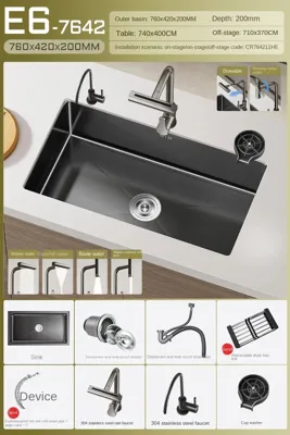 Luxe Waterval Keukenspoelbak - Zwart RVS | Enkelbak | Onderbouw | Inclusief Kraan & Zeepdispenser