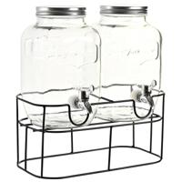 Drank dispensers - set van 2x stuks - 4 liter - glas - in houder met metalen kraantje - thumbnail