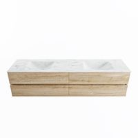 MONDIAZ VICA-DLUX 200cm badmeubel onderkast Washed Oak 4 lades. Inbouw wastafel CLOUD dubbel zonder kraangat, kleur Opalo.