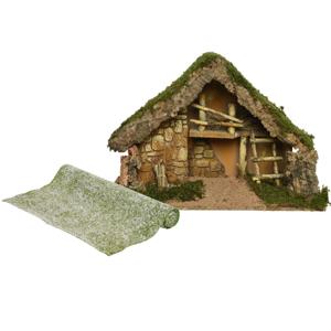 Lege kerststal - L50 x B22 x H31 cm - incl. gras ondergrond/achtergrond - besneeuwd