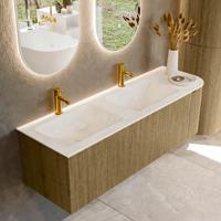 Badmeubel Mondiaz Kurve-Dlux | 145 cm cm | Meubelkleur Dusk | Wastafelkleur Opalo | Solid surface | Dubbel / Links spoelbak | 2 kraangaten