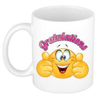 Cadeau koffie/thee mok - duim omhoog smiley - gratulations - roze - 300 ml - keramiek