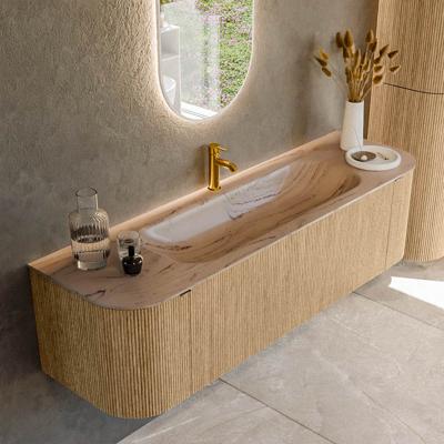 Badmeubel Mondiaz Kurve-Dlux | 160 cm | Meubelkleur Oak | Wastafelkleur Arena | Solid surface | Wasbak midden spoelbak | 1 kraangat