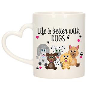 Cadeau koffie/thee mok - life is better with dogs - wit - hartjes oor - honden