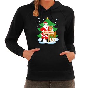 Kerstman met rudolf bij Kerstboom Merry Christmas foute Kerst hoodie / hooded sweater zwart voor dam