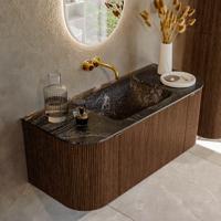 Badmeubel Mondiaz Kurve-Dlux | 110 cm | Meubelkleur Walnut | Wastafelkleur Lava | Solid surface | Midden spoelbak | Zonder kraangat(en)