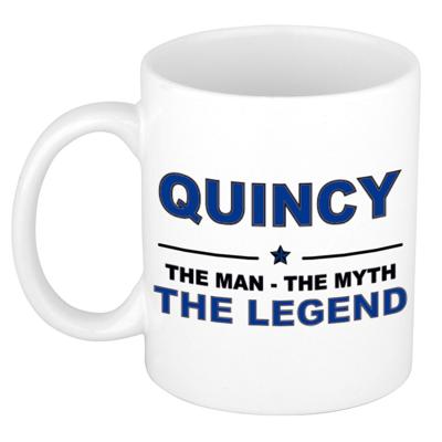 Quincy cadeau mok - man myth legend - naam koffiemok / beker - wit en blauw - 300 ml