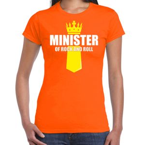 Koningsdag t-shirt Minister of rock N roll met kroontje oranje voor dames