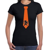 Zwart t-shirt Holland / Nederland supporter oranje leeuw stropdas EK/ WK voor dames - thumbnail