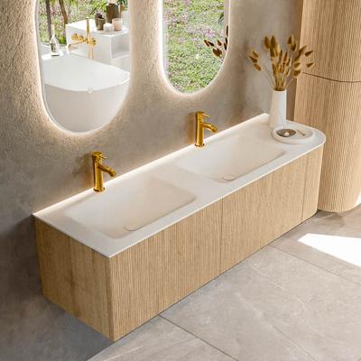 Mondiaz KURVE 155 cm Onderkast Greeploos 2 Lades Met Deuren Oak, Wastafel Solid Surface Links Talc 2 Kraangaten Zonder Spiegel (KRVCLO155R2L1D2KD-Oak/Tal)