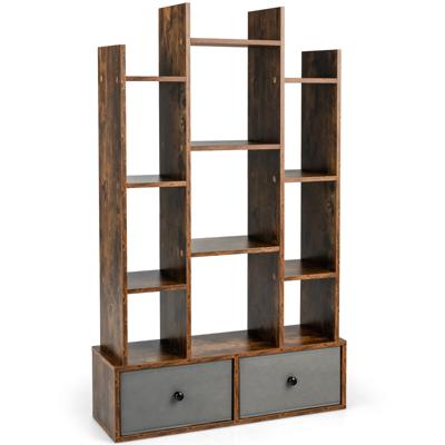 Boekenkast in Boomvorm Staand Rek met Laden Rek met 12 Vakken Opbergrek 80 x 24 x 132 cm (Vintage Bruin)