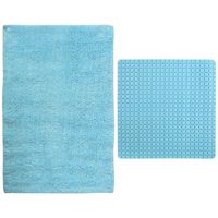 MSV Douche anti-slip mat en droogloop mat - Napoli badkamer set - rubber/polyester - lichtblauw - thumbnail