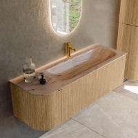 Badmeubel Mondiaz Kurve-Dlux | 135 cm | Meubelkleur Oak | Wastafelkleur Arena | Solid surface | Wasbak rechter zijde spoelbak | 1 kraangat