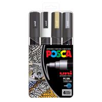 POSCA PC-5M Zwart, Goud, Zilver, Wit 4 stuk(s)