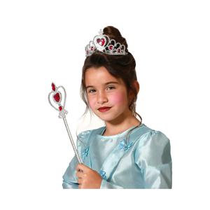 Carnaval verkleed Tiara/diadeem - Prinsessen kroontje met toverstokje - zilver/rood - meisjes