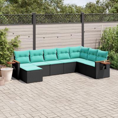 8-delige Loungeset met kussens poly rattan zwart