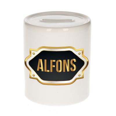 Spaarpot met voornaam Alfons - wit - goud/zwart embleem - 8 x 9 cm - keramiek - afsluitdop
