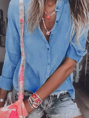 Plain Regular Fit Casual Half Open Collar Blouse
