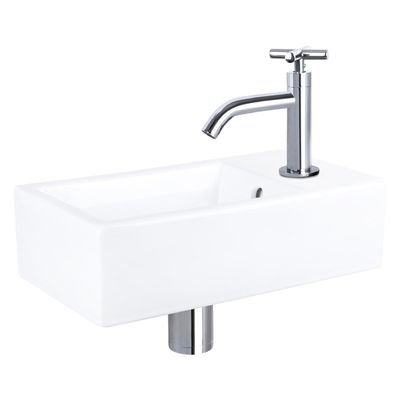 Differnz Force fonteinset - 40x22x11.5cm - Rechthoek - 1 kraangat - Gebogen chromen kraan - kruisgreep - Keramiek Wit 38.400.54