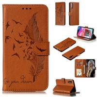 Feather patroon Litchi textuur horizontale Flip lederen draagtas met portemonnee & houder & kaartsleuven voor Galaxy A70 (bruin)