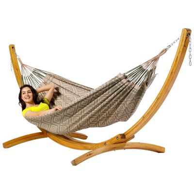 Eenpersoons hangmat met houten standaard - 300x140cm - Grijs - 120kg draagkracht- 100% katoen - binnen & buiten