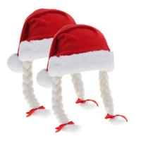 Kerstmuts - 2x - rood - met vlechten - volwassenen - 30 x 42 cm - pluche - kerstaccessoires?