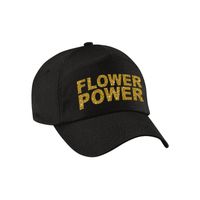 Gouden glitter letters flower power verkleed pet/cap zwart volwassenen