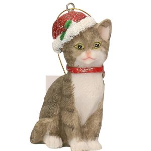 Kersthangers grijze katten met kerstmuts 9 cm kerstversiering