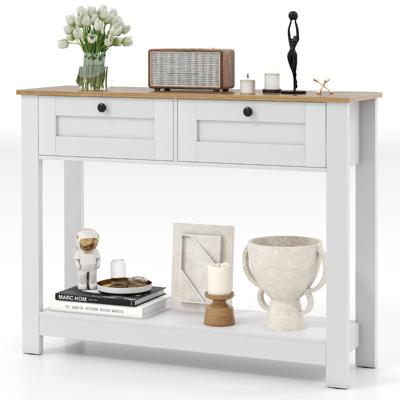 Houten Console Tafel met 2 Lades 2 Niveaus Smalle Hal Tafel Entreetafel Bijzettafel Wit